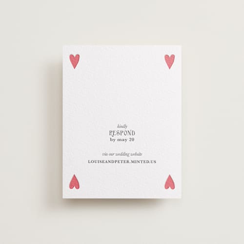 This is a maraschino | soft black rsvp cards with letterpress by Helena Vitto called red hearts printing on white cotton in standard