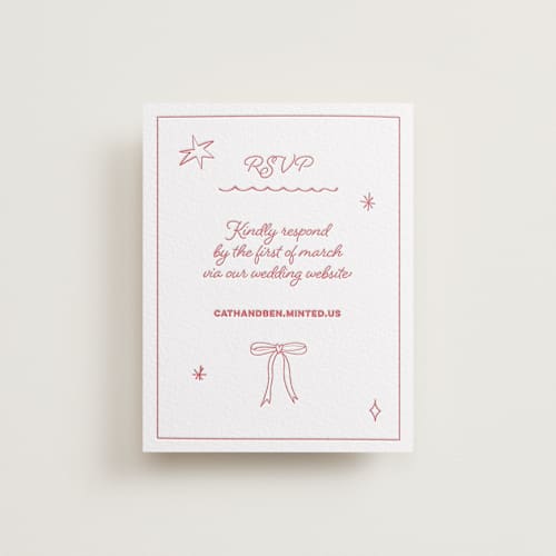 This is a maraschino rsvp cards with letterpress by Helena Vitto called crazy little thing called love printing on white cotton in standard