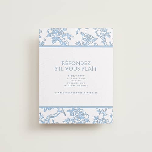 This is a vista rsvp cards with letterpress by Jenna Holcomb called classic toile printing on white cotton in standard