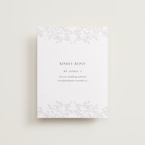 This is a smoke | blind deboss rsvp cards with letterpress by Nicoletta Savod called delicately printing on white cotton in standard