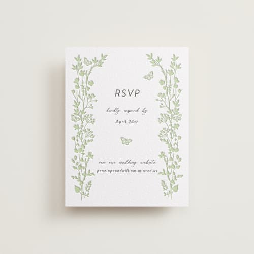 This is a matcha | soft black rsvp cards with letterpress by Susan Moyal called flower garden printing on white cotton in standard