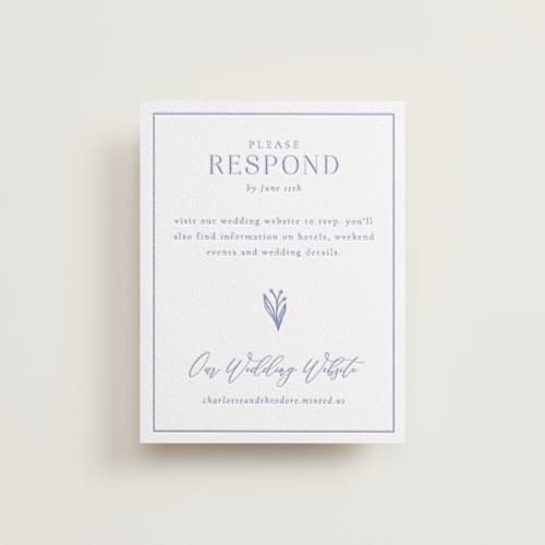 This is a bluebell rsvp cards with letterpress by Jen Movitz called simple type printing on luxe white cotton in standard