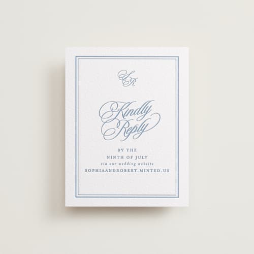 This is a pacific blue rsvp cards with letterpress by Creo Study called posh printing on luxe white cotton in standard