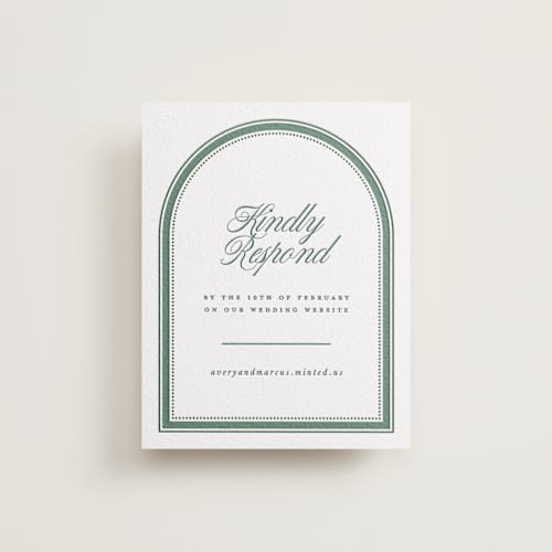 This is a racing green rsvp cards with letterpress by Kelly Watkins called archer printing on white cotton in standard