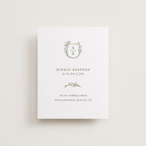 This is a olive rsvp cards with letterpress by Lucrecia Caporale called botanical crest printing on white cotton in standard