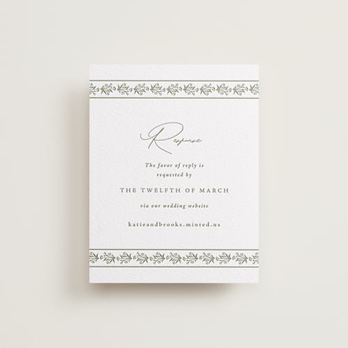This is a artichoke rsvp cards with letterpress by Olivia Raufman called posy printing on white cotton in standard