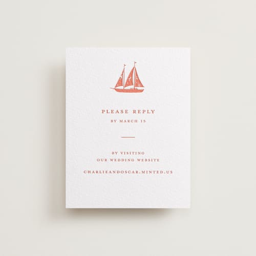 This is a poppy rsvp cards with letterpress by Pippa Shaw called lobster printing on white cotton in standard