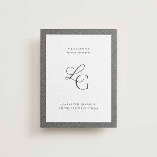 This is a soft black rsvp cards with letterpress by Kamala Nahas called grayson printing on luxe white cotton in standard