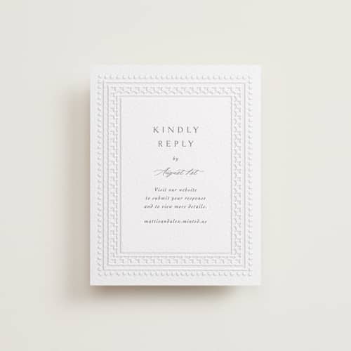This is a smoke | blind deboss rsvp cards with letterpress by Meggy Masters called heirloom needlework printing on luxe white cotton in standard