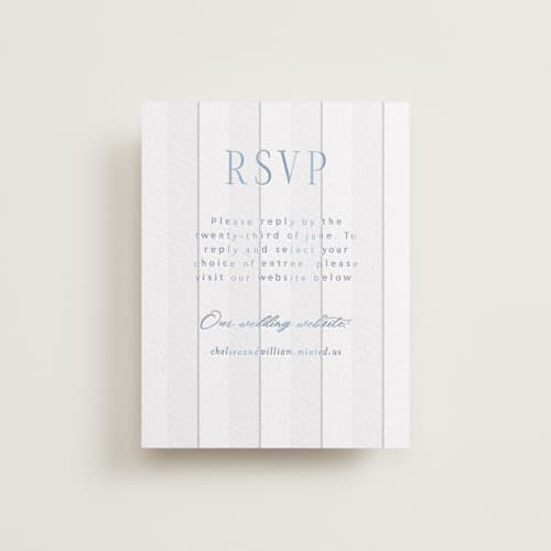 This is a pacific blue rsvp cards with letterpress by Nicole Walsh called subtle stripes printing on white cotton in standard