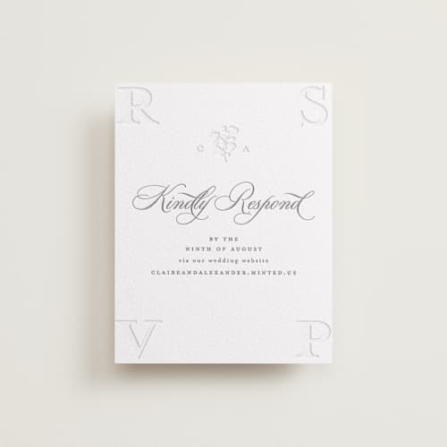 This is a smoke rsvp cards with letterpress by Creo Study called heirloom printing on white cotton in standard