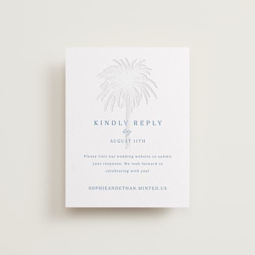 This is a marine blue rsvp cards with letterpress by Kaydi Bishop called palm tree printing on white cotton in standard