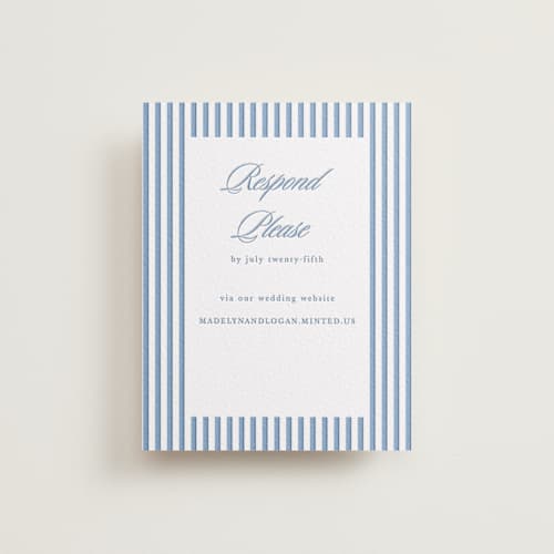 This is a pacific blue rsvp cards with letterpress by Morgan Kendall called catamaran printing on white cotton in standard