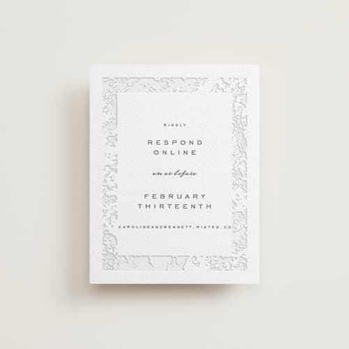 This is a soft black rsvp cards with letterpress by Erin L. Wilson called subtle marble printing on white cotton in standard