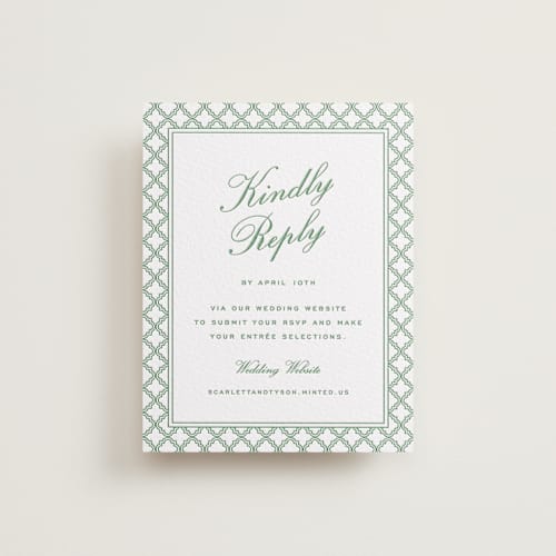 This is a fern rsvp cards with letterpress by Angela Garrick called garden trellis printing on white cotton in standard