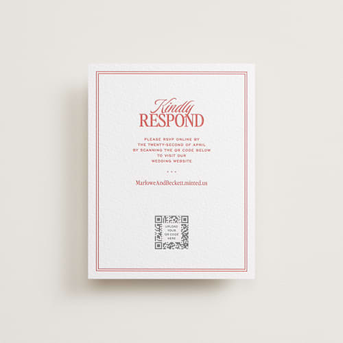 This is a ruby rsvp cards with letterpress by Jenna Holcomb called vermilion printing on white cotton in standard