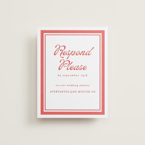This is a ruby rsvp cards with letterpress by Morgan Kendall called prep school printing on white cotton in standard