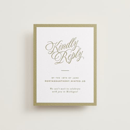 This is a olive rsvp cards with letterpress by Ellen Schlegelmilch called rory printing on white cotton in standard