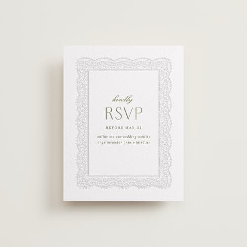 This is a pistachio rsvp cards with letterpress by Erica Krystek called chantilly printing on white cotton in standard