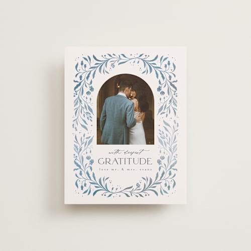 This is a delft blue wedding thank you cards with standard by Ashley DeMeyere called porcelain printing on recycled smooth signature in standard