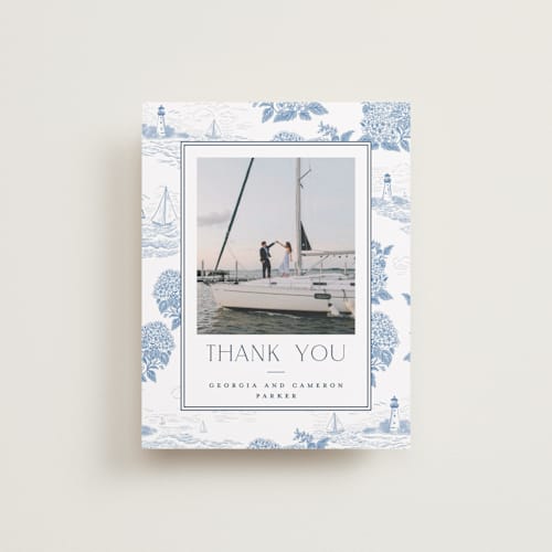 This is a sea wedding thank you cards with standard by Jenna Holcomb called coastal toile printing on recycled smooth signature in standard