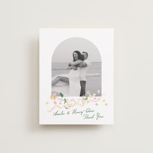 This is a spring wedding thank you cards with standard by Phrosné Barwood called spring draped garland printing on recycled smooth signature in standard