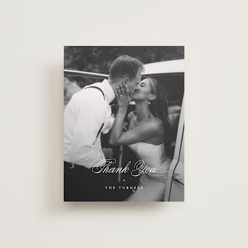 This is a tuxedo wedding thank you cards with standard by Carolyn MacLaren called timeless together printing on recycled smooth signature in standard