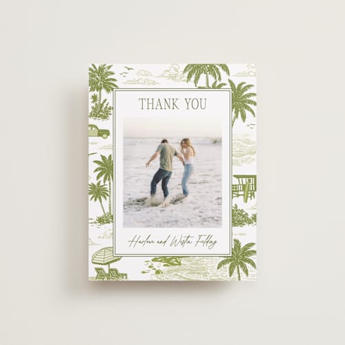 This is a palm wedding thank you cards with standard by Jenna Holcomb called beachtoile printing on recycled smooth signature in standard