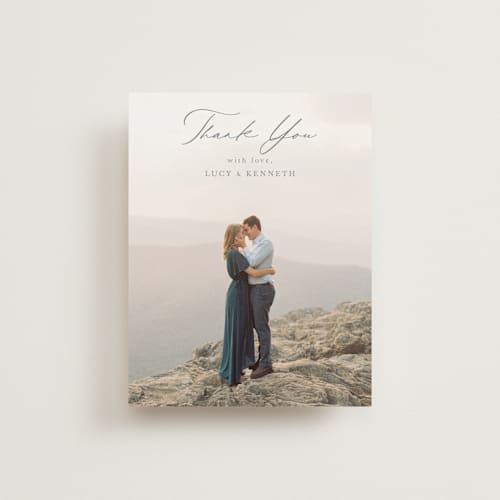 This is a pewter wedding thank you cards with standard by Sarah Brown called mountainview printing on recycled smooth signature in standard