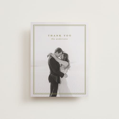 This is a olive wedding thank you cards with standard by Ellen Schlegelmilch called museo printing on recycled smooth signature in standard