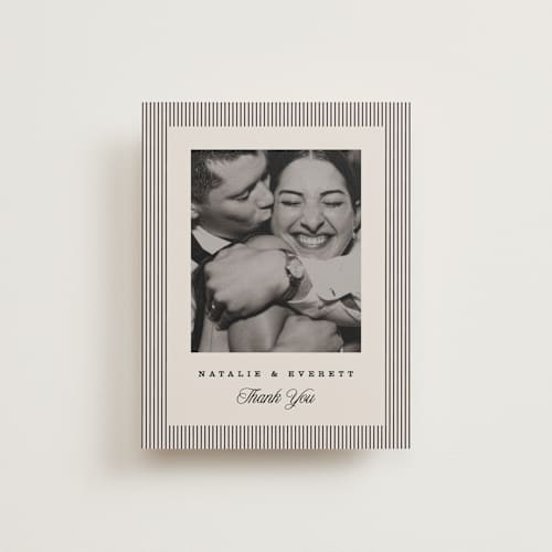 This is a noir wedding thank you cards with standard by Pixel and Hank called linea printing on recycled smooth signature in standard