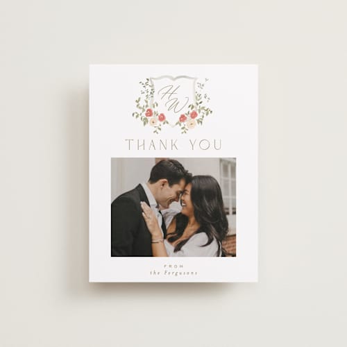 This is a pomegranate wedding thank you cards with standard by Everett Paper Goods called roses crest printing on recycled smooth signature in standard