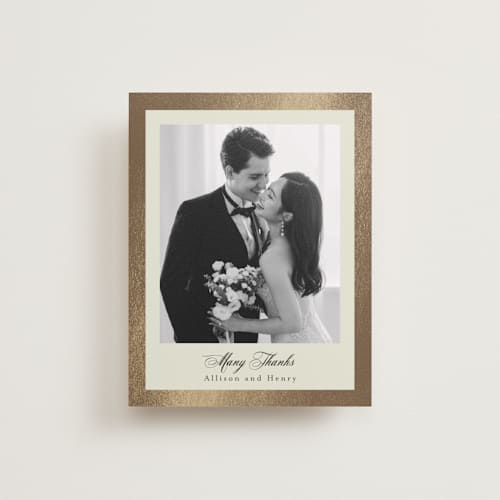 This is a champagne wedding thank you cards with foil pressed by Chris Griffith called all tied up printing on recycled smooth signature in standard