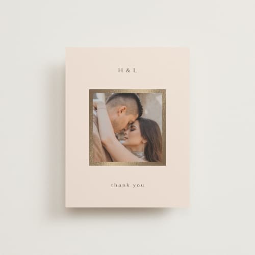 This is a latte wedding thank you cards with foil pressed by Stacy Maalouf called framed photo printing on recycled smooth signature in standard