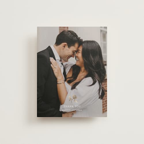 This is a classic bride wedding thank you cards with foil pressed by Design Lotus called here with you printing on recycled smooth signature in standard