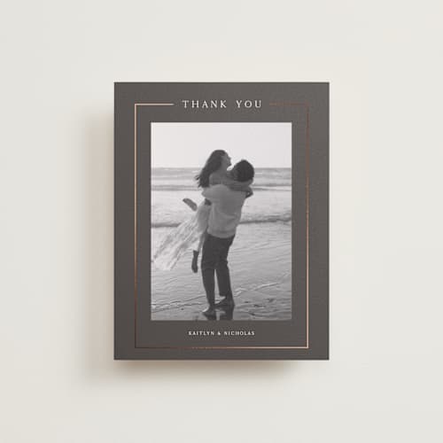 This is a graphite wedding thank you cards with foil pressed by Melanie Kosuge called mulholland printing on recycled smooth signature in standard