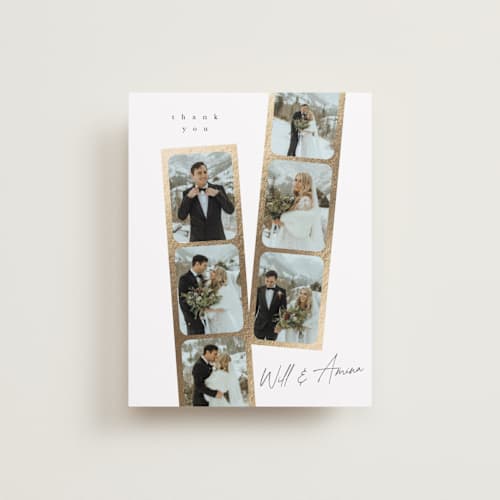 This is a pearl wedding thank you cards with foil pressed by Leah Bisch called snapshots printing on recycled smooth signature in standard