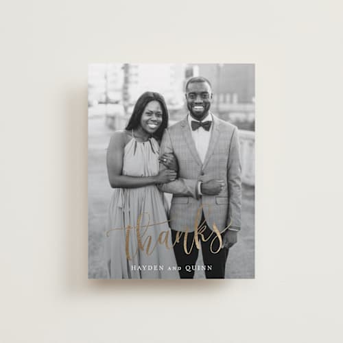 This is a gold wedding thank you cards with foil pressed by Hooray Creative called celebration script printing on recycled smooth signature in standard