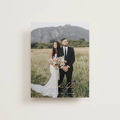 This is a hunter wedding thank you cards with foil pressed by Sarah Brown called peaks printing on recycled smooth signature in standard