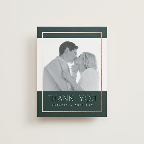 This is a evergreen wedding thank you cards with foil pressed by Nicole Walsh called regal printing on recycled smooth signature in standard