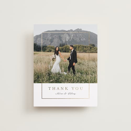 This is a pearl wedding thank you cards with foil pressed by Nicole Walsh called gilded frame printing on recycled smooth signature in standard