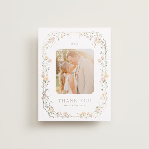 This is a golden summer wedding thank you cards with foil pressed by Erin L. Wilson called victorian trellis printing on recycled smooth signature in standard