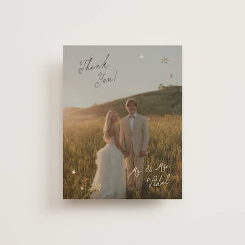 This is a noir wedding thank you cards with foil pressed by Ani Somi called written in the stars printing on recycled smooth signature in standard