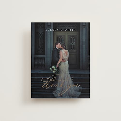 This is a stormy wedding thank you cards with foil pressed by Jessica Williams called over monogram printing on recycled smooth signature in standard
