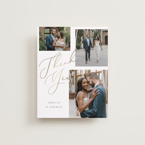 This is a snow wedding thank you cards with foil pressed by AK Graphics called whimsy printing on recycled smooth signature in standard