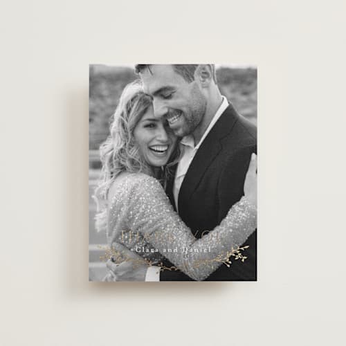 This is a alabaster wedding thank you cards with foil pressed by Susan Moyal called delicate vine printing on recycled smooth signature in standard