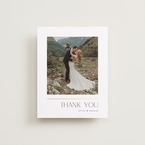 This is a silk wedding thank you cards with foil pressed by Kelly Schmidt called modern corner printing on recycled smooth signature in standard