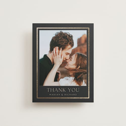 This is a charcoal wedding thank you cards with foil pressed by Lucrecia Caporale called timeless charm printing on recycled smooth signature in standard