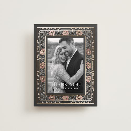 This is a ebony wedding thank you cards with foil pressed by Ana de Sousa called timeless nature printing on recycled smooth signature in standard