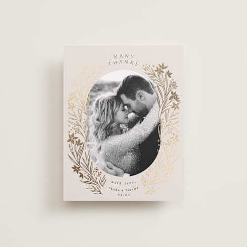 This is a champagne wedding thank you cards with foil pressed by Leah Bisch called floral border printing on recycled smooth signature in standard